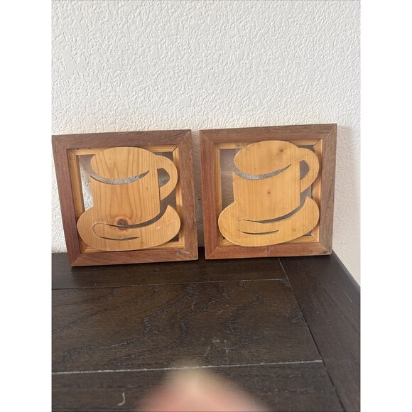 Unbranded Other - 2Wooden Trivet Hot Plate Wall Hanging Vintage Hand Carved Coffee